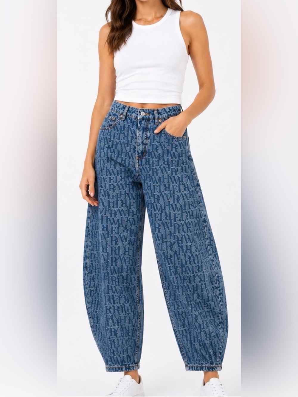 New Free People 28 We the Free All Over Logo Jeans 👖 NWOT Denim in Blue 🫶 Sample